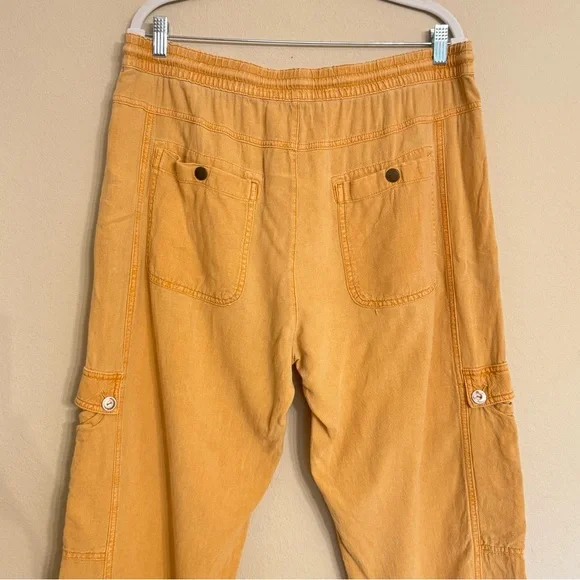 by Anthropologie Linen Utility Cargo Pants Size 14 Pockets Mustard Yellow - Picture 6 of 13